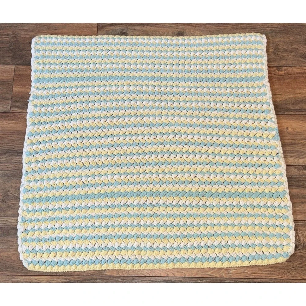Vtg Crotchet Baby Blanket HandKnitted Blue & Yellow Boys Nursery Soft‎ 34x35in